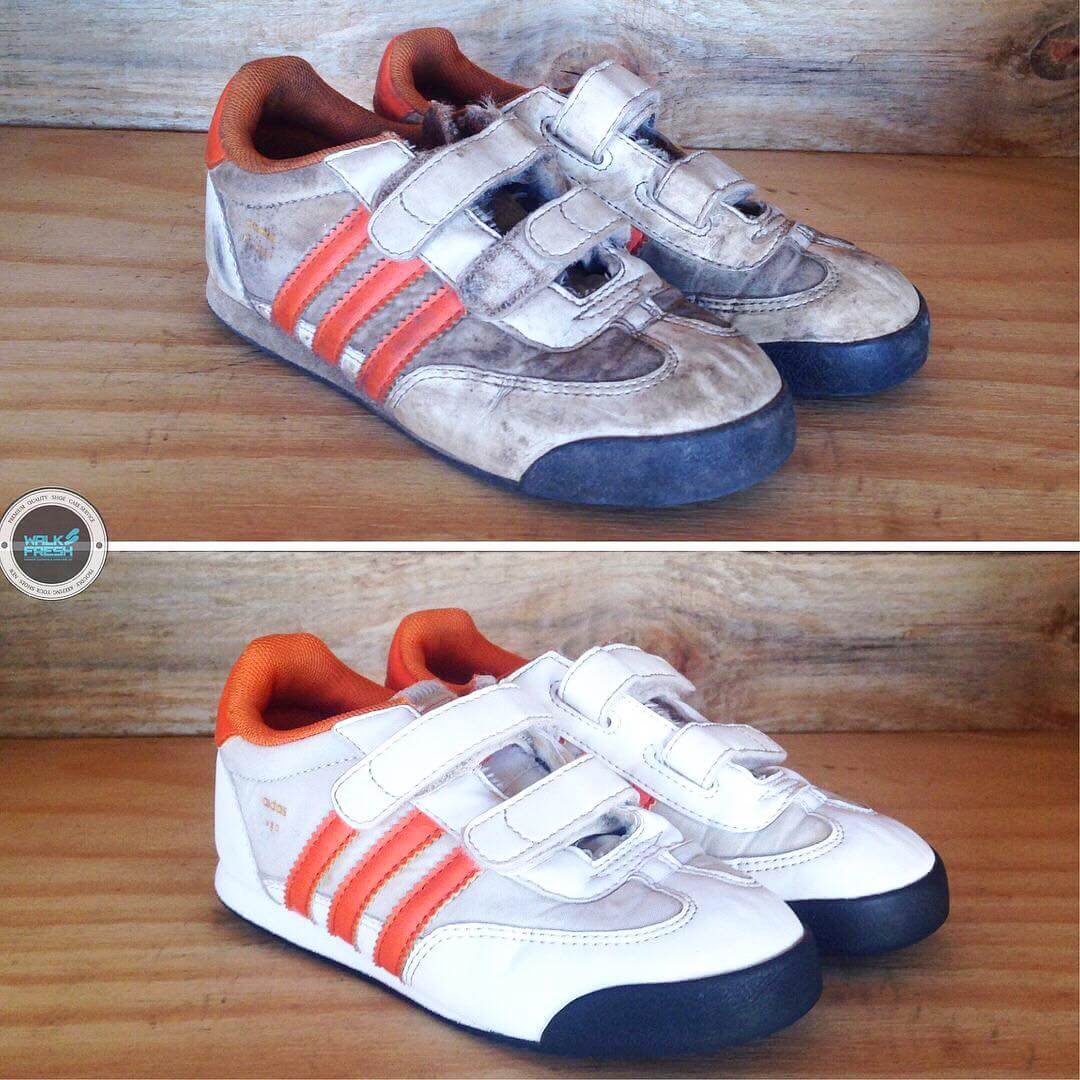 Before and after image of sneaker cleaning, showcasing restored white footwear with orange stripes using sneaker whitener.