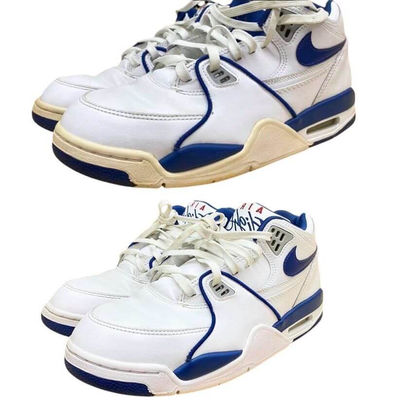 Set of sneakers showcasing before and after unyellowing restoration with Walk Fresh Midsole Unyellowing Cream.