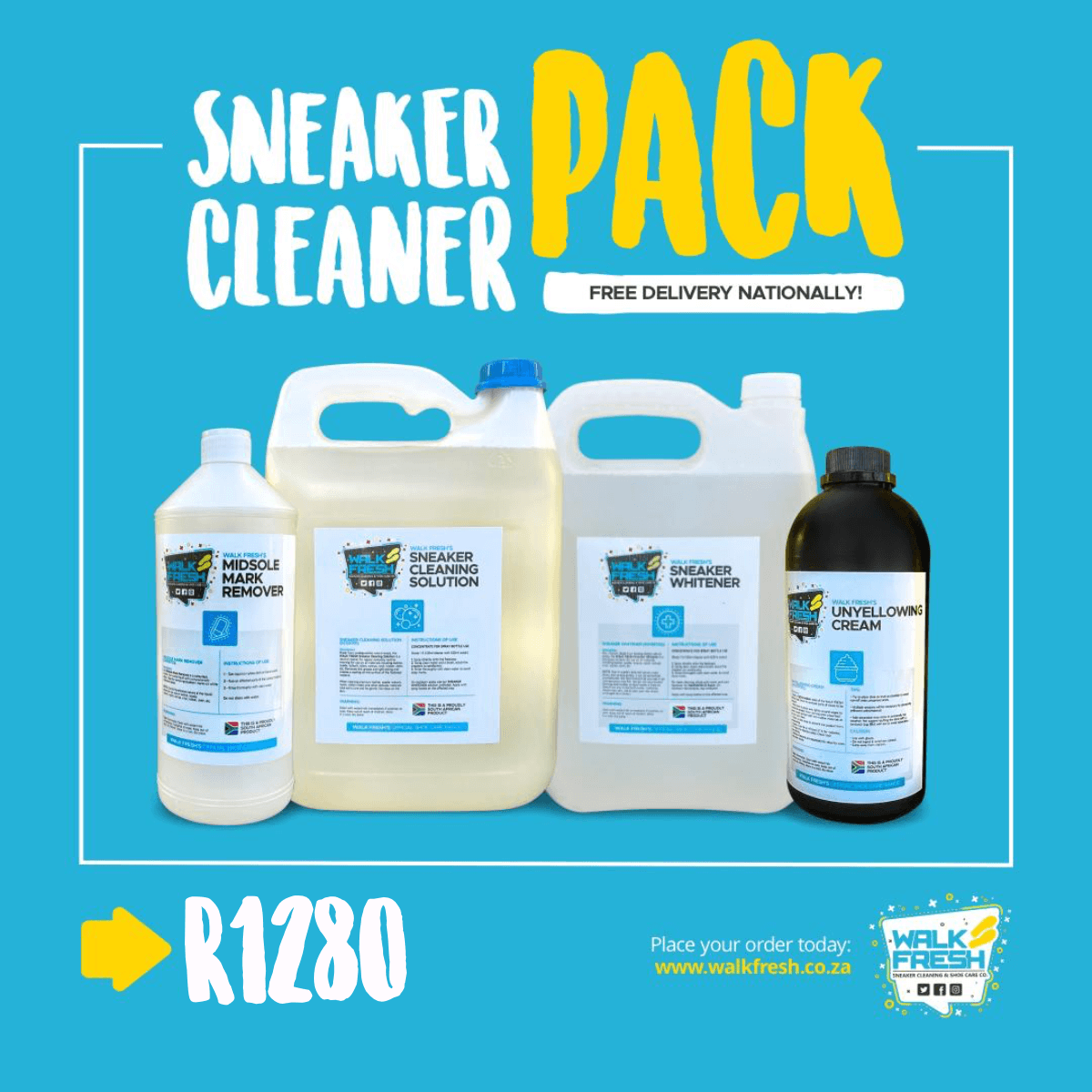 Sneaker cleaner package featuring cleaning solution, whitener, midsole remover, and unyellowing cream for shoe care.