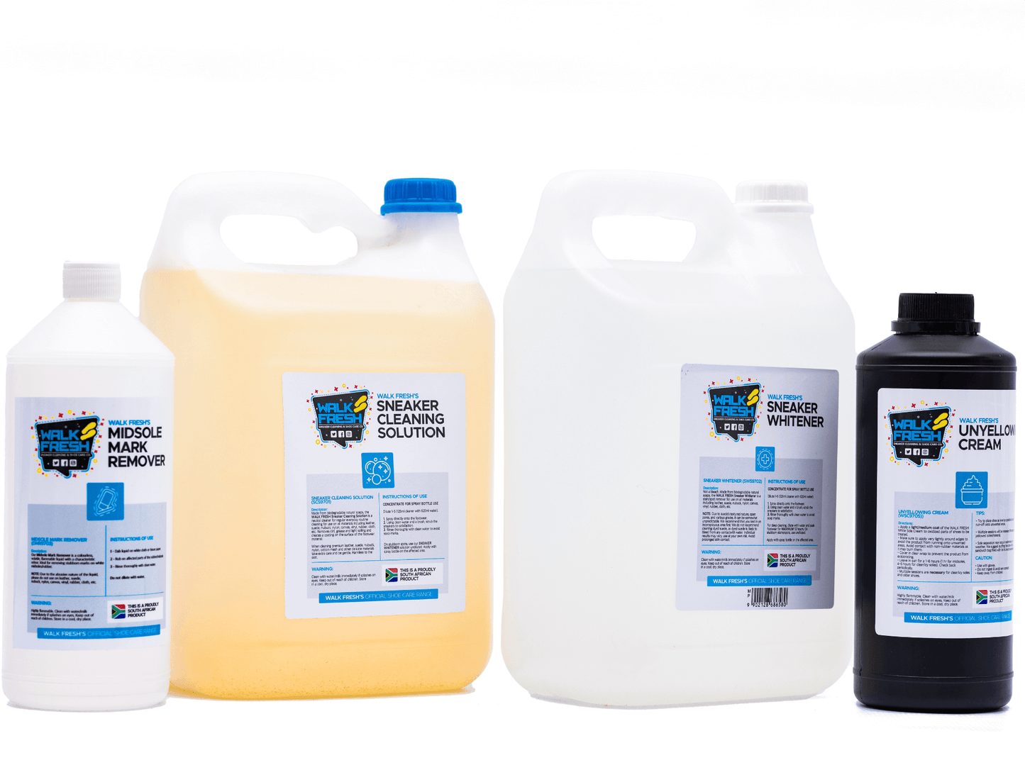 Sneaker cleaner package including cleaning solution, whitener, midsole mark remover, and unyellowing cream for shoe care.