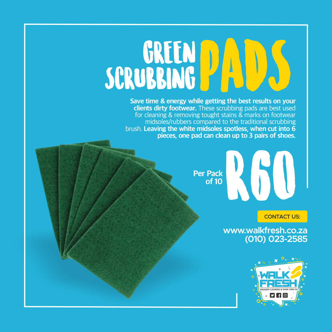 Green scrubbing pads for sneaker cleaning, shoe care, and restoration; effective on tough stains and marks.