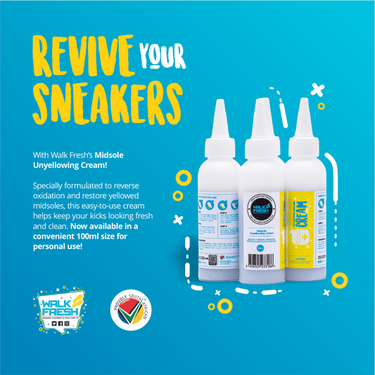Walk Fresh Midsole Unyellowing Cream bottles promoting sneaker restoration and care for clean, fresh kicks.