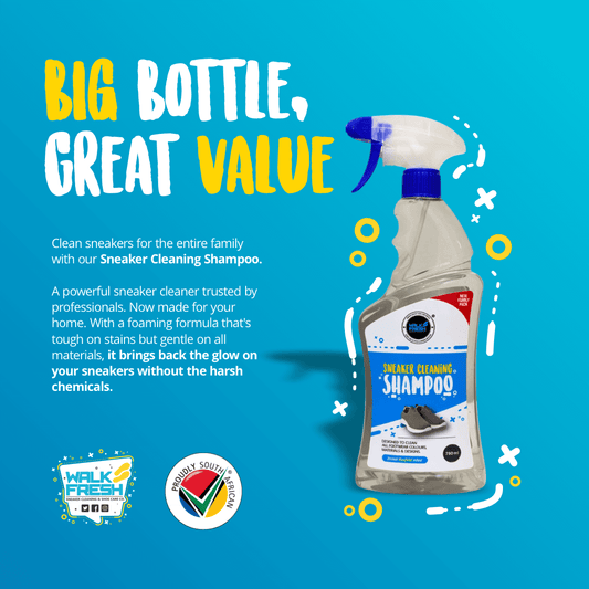 Walk Fresh Sneaker Cleaning Shampoo in a spray bottle; effective shoe care for family use and sneaker restoration.