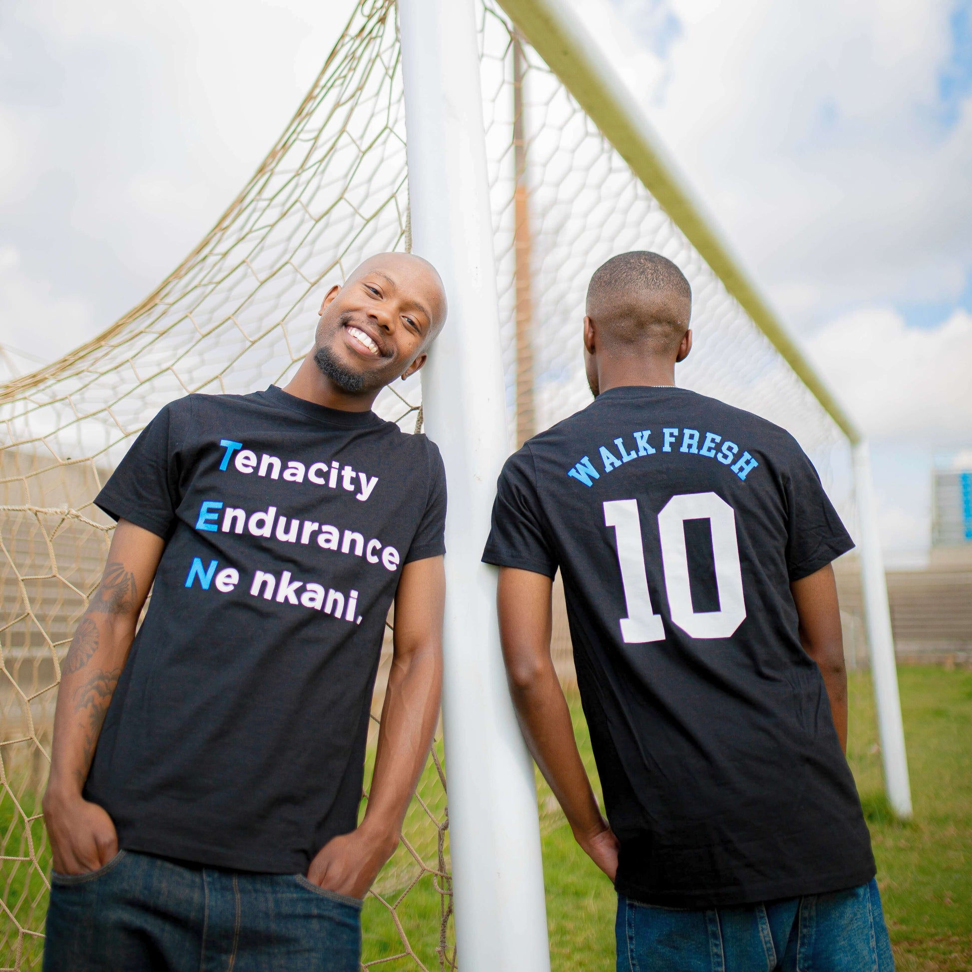 Two models wearing Walk Fresh 10-Year Celebration T-Shirts with embroidered '10' detail, celebrating sneaker culture.