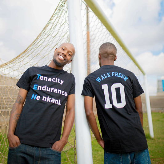 Two models wearing Walk Fresh 10-Year Celebration T-Shirts with embroidered '10' detail, celebrating sneaker culture.
