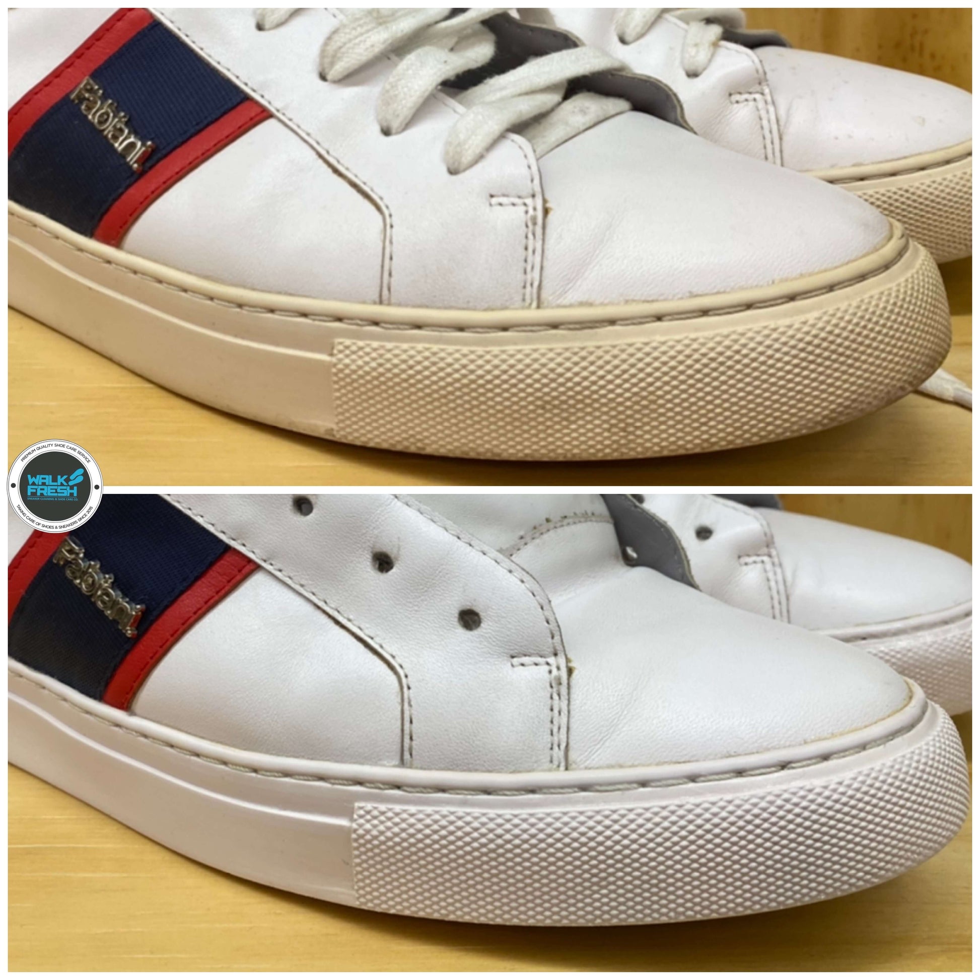Before and after showing midsole unyellowing, restoring sneakers to white from yellow discoloration.