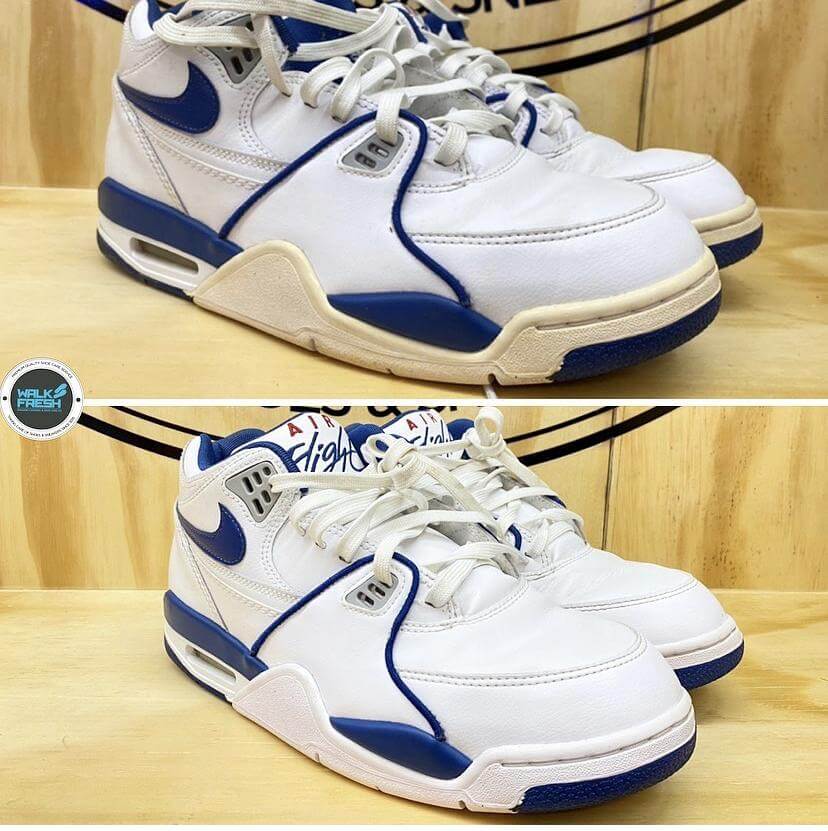 Before and after image of sneaker midsole unyellowing showcasing restoration to original white color for sneaker cleaning.