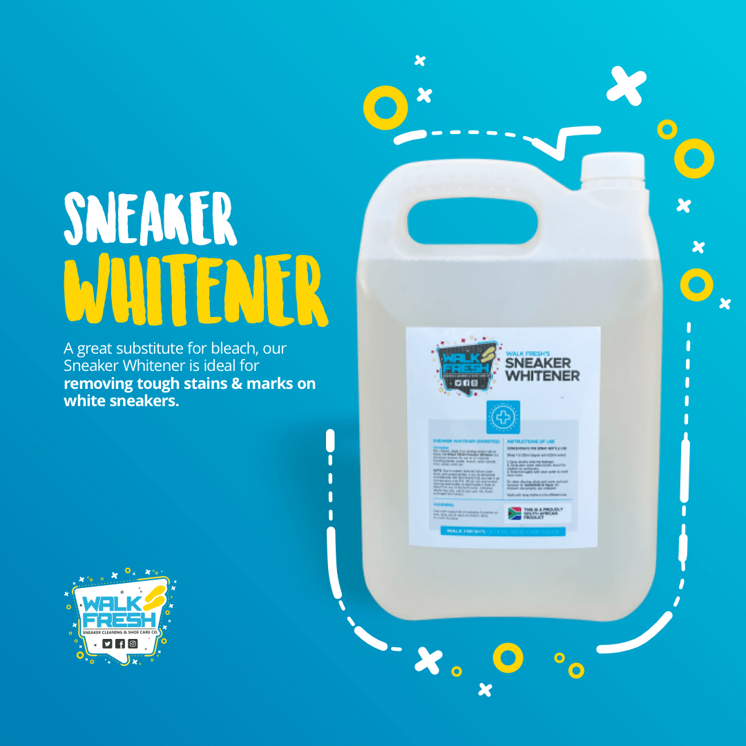 Sneaker whitener by Walk Fresh, ideal for removing tough stains and marks from white shoes, perfect for sneaker cleaning and restoration.