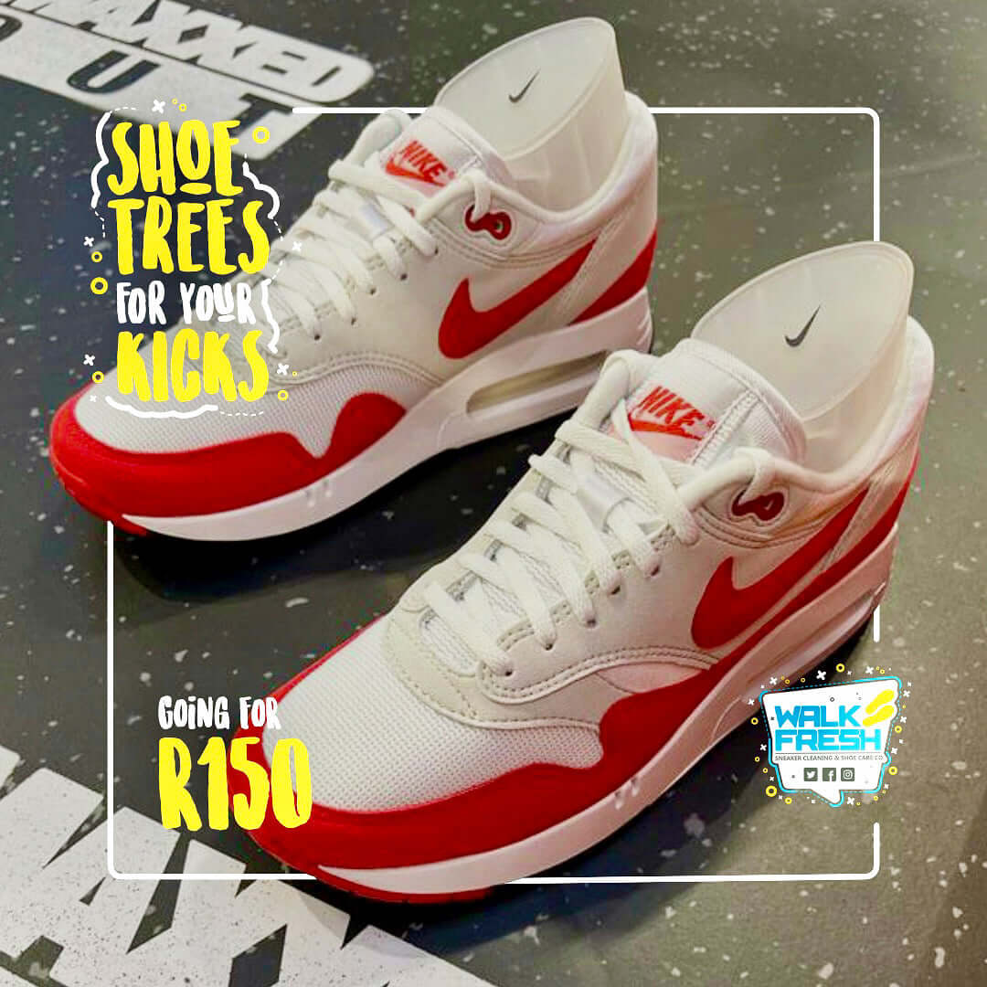 Shoe trees for sneaker care, preserving shoe shape and extending life, priced at R150 for sneaker restoration.